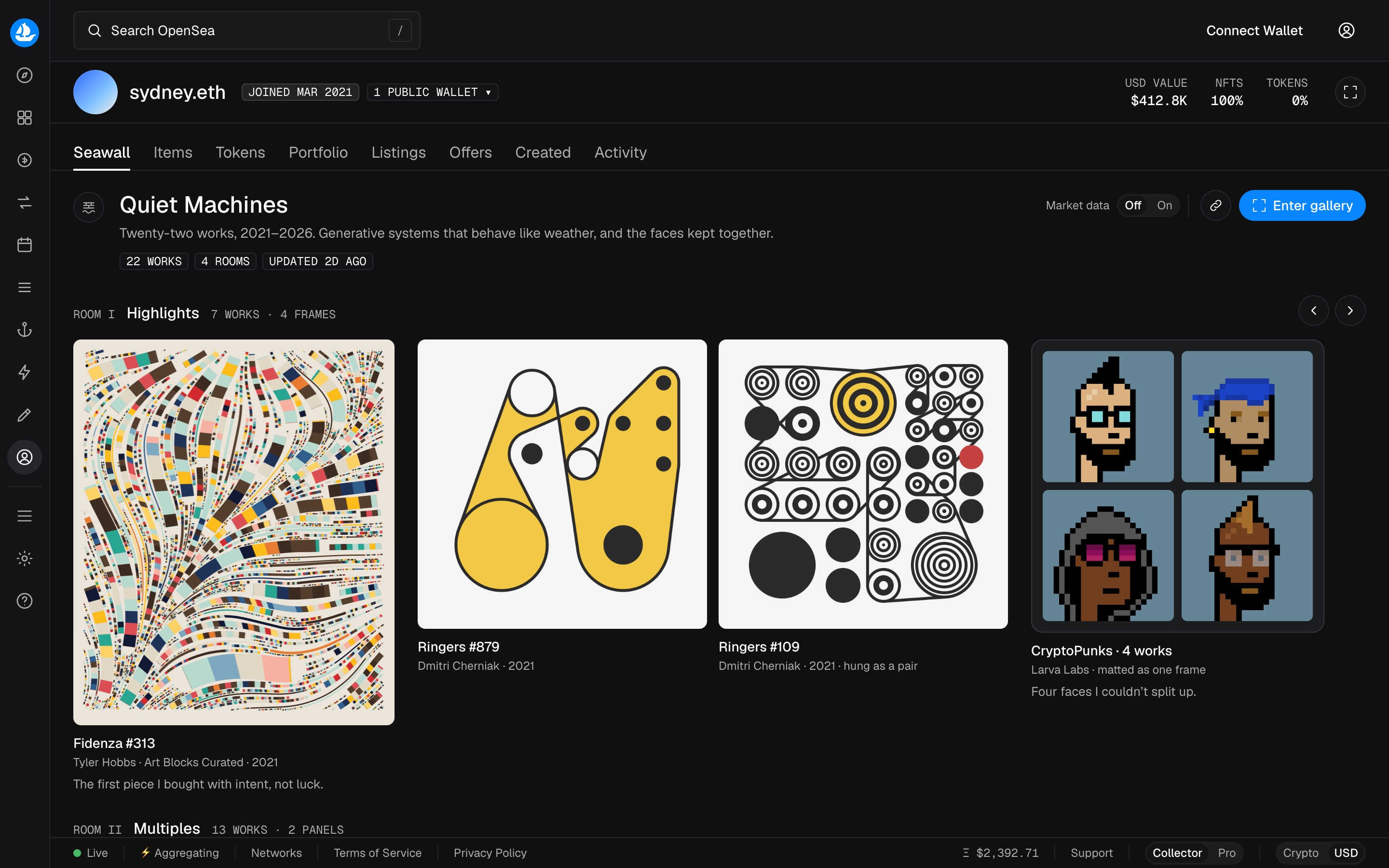 OpenSea collector profile with the Galleries tab replaced by Seawall: rooms of framed works with wall labels and notes, CryptoPunks and Meebits matted as single panels, market data off, and an Enter gallery button