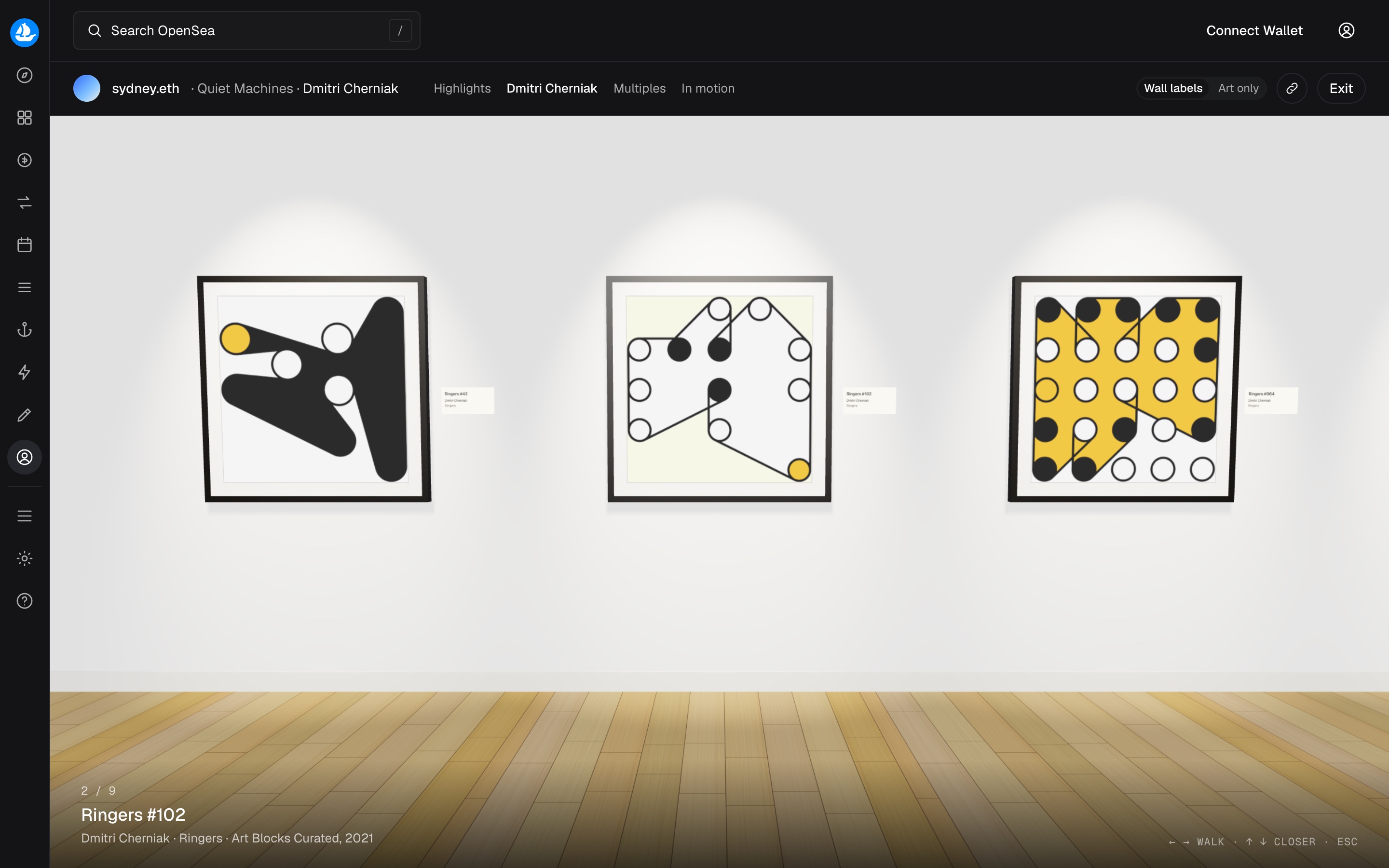 The Seawall room inside OpenSea: three framed Ringers under spotlights on a plaster wall with an oak floor, an OpenSea header strip naming the collector, exhibition and room, and a caption for the work in view
